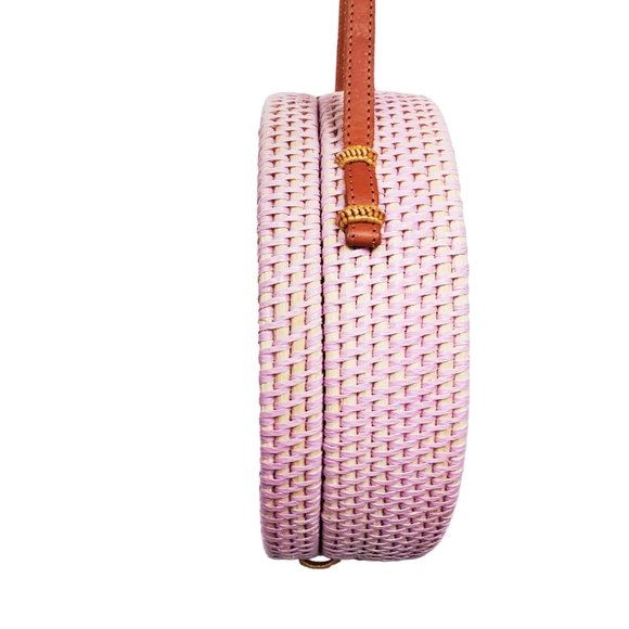 Pink Haley Pink Rattan Circle Basket Crossbody With Leather Strap Bag Size OS - Picture 6 of 9